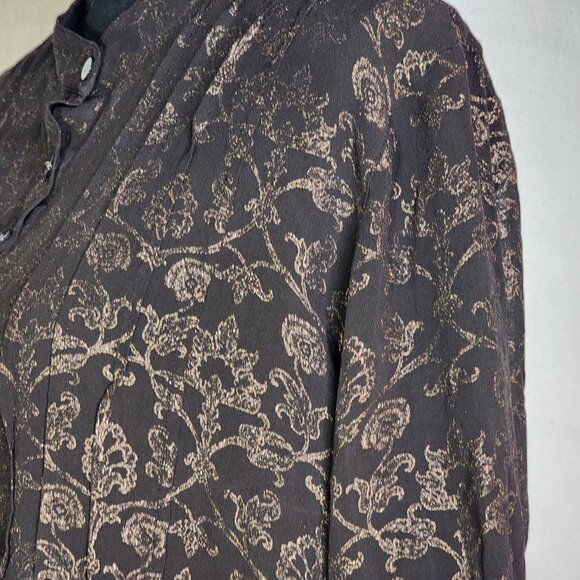 Chico's Dark Brown Gold Silk Foil Sheer Floral Print LS Blouse Chico Sz 3 US XL - Picture 10 of 16